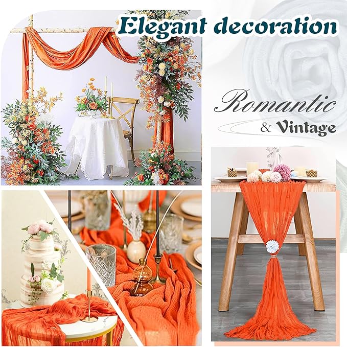 Orange Cheesecloth Table Runner 2 Pack 35" Boho Gauze 120 inches Long Runner Rustic Sheer Fabric Bulk for Baby Shower Wedding Bridal Birthday Party Picnic Table Decorations