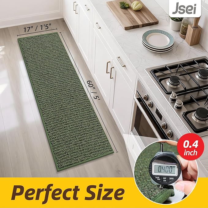 JSEI Kitchen Runner Rugs, 17''x60'' Non-Slip Kitchen Mats for Floor, Machine Washable Absorbent and Stain Resistant Kitchen Rug, Carpet Mats with TPR Backing for Kitchen, Green