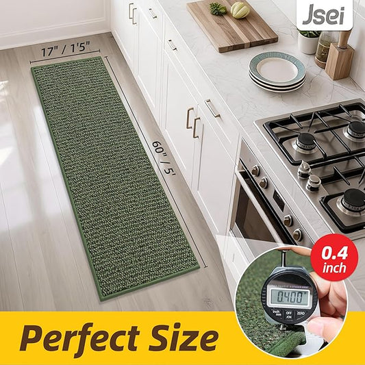 JSEI Kitchen Runner Rugs, 17''x60'' Non-Slip Kitchen Mats for Floor, Machine Washable Absorbent and Stain Resistant Kitchen Rug, Carpet Mats with TPR Backing for Kitchen, Green