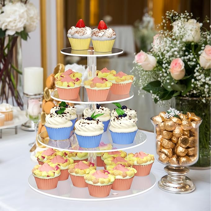 4 Tier Round Cupcake Stand, Acrylic Cupcake Display Stand for 38 Cupcakes, Clear Cupcake Holder Stand for Dessert Table, Cupcake Tower Stand for Wedding Birthday Party Graduation