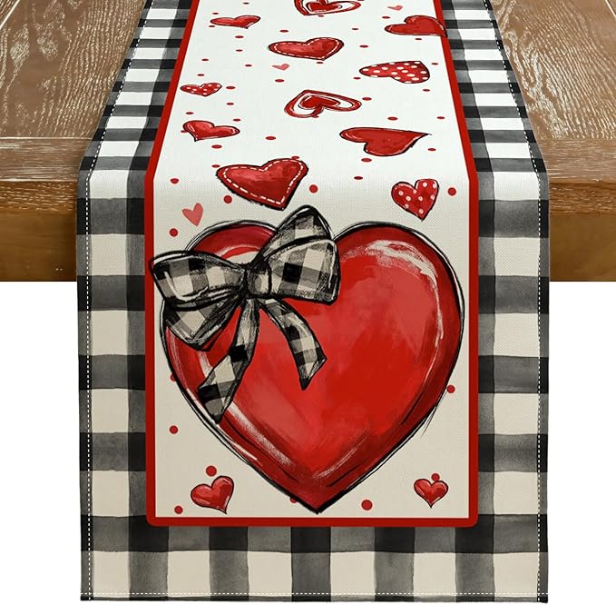 GEEORY Valentine's Day Table Runner 13 x 36 Inch, Red Hearts Polka Dots Decorative Farmhouse Table Decoration for Kitchen Dinning, Indoor Outdoor Dinner Party GT138-36