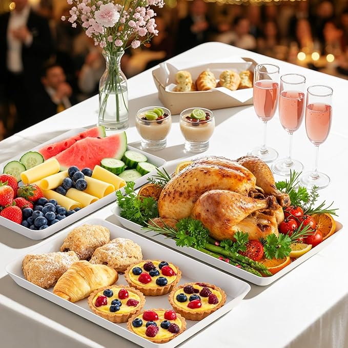 6-Pack Serving Tray, Serving Platter for Parties, Entertaining, Camping & Food Display, Reusable & Stackable Plastic Trays in Kitchen, Rectangular Food Platters for Cookie, Appetizer(White)