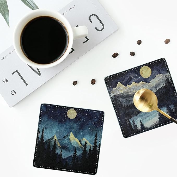 Marble Coasters Square Leather Drinks Coaster Set with Holder for Coffee Table Bar Home Decor 4 Inches Set of 6 (Forest Night, One Size)