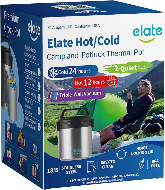 Elate 2-Quart Camp Crock Thermos for Hot/Cold Food | 64oz Stainless Steel Vacuum-Insulated Jar, Wide-Mouth Thermal Food Container, Portable Lunch Pot for Outdoor, Camping, Picnics, Trips, Potlucks