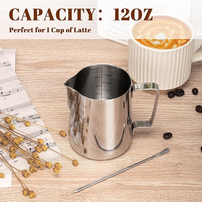 Milk Frothing Pitcher, 12oz Milk Frother Cup with Clear Scale, 304 Stainless Steel Cappuccino Espresso Machine Accessories for Barista Coffee Bar with Latte Art Pen, Silver