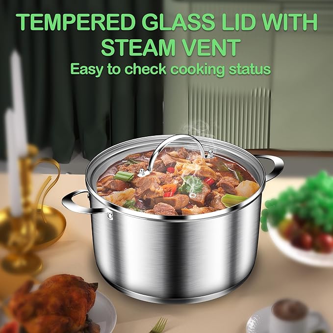 STOCKPOT Cooking Pot, Stainless Steel Stock Pot, Soup Pot with Glass Lid, Induction Pots - 6 Quart