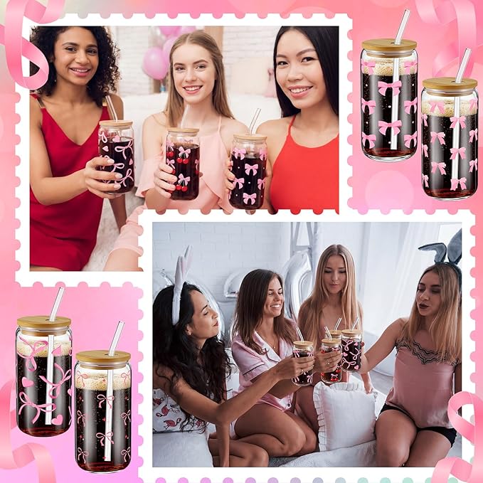 6 Pcs Pink Coquette Bow Glass Cups with Lids and Straws 16oz Cute Cherry Tumbler Bulk Reusable Can Shaped Drinking Glasses for Valentines Day Gifts Party Supplies