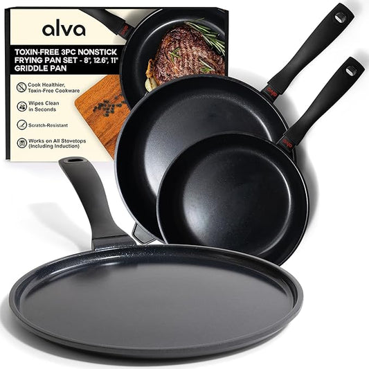 Alva Energy Ceramic Nonstick Frying Pan Set & Crepe Pan – 3-Piece, No PFAS/PFOA/PTFE, Ultra‑Low Oil Release, Works on Gas/Electric/Induction, Lightweight & Easy Cleanup, Stay-Cool Handles