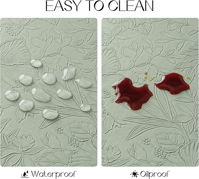 Romanstile Vinyl Placemats Set of 8-12 X 17 Inch - Heat Resistant Non-Slip Embossed Floral Place Mats 100% Waterproof Oilproof Wipeable Faux Leather Table Mats for Kitchen/Dining/Party, GrassGreen