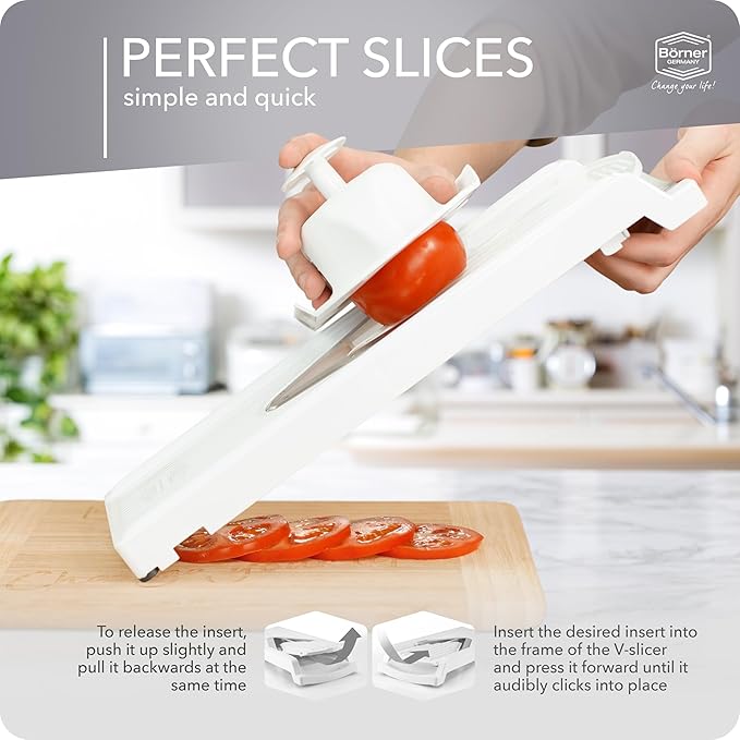 Mandoline Food Slicer Börner V3 (Basic Set) by Reston Lloyd • V-Slicer with Food Holder • Made in Germany • Fruit & Vegetable Chopper • Multiple Settings • Color: White