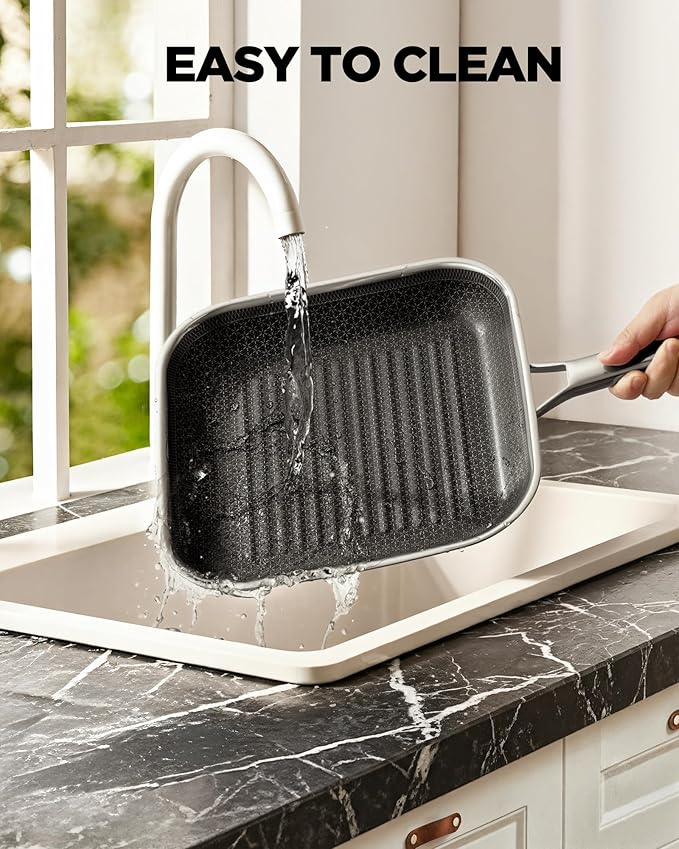 SNOWCLAD Nonstick Grill Pan,12 Inch Square Steak Grilling Pan for Indoor Cooking & Outdoor Grilling, Non Stick Stainless Steel Grill Skillet Steak Pan, PFOA Free cookware