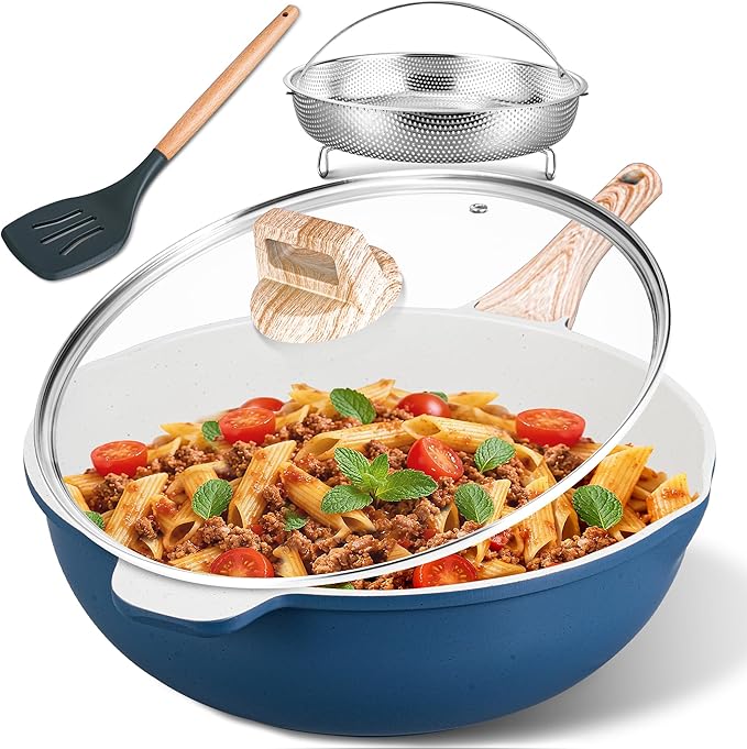 AOSION 11 Inch Nonstick Ceramic Deep Frying Pan Skille with Lid,5QT Sauté Pan for Cooking with Steam Rack,Healthy Large Skillet,Stay Cool Handle, Induction Compatible, PFOA & PFAS Free. (BLUE)