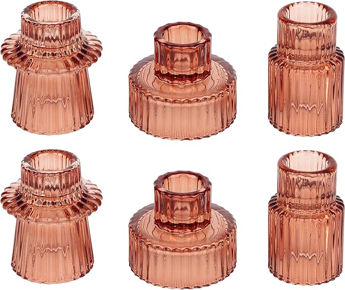 Vixdonos Glass Candlestick Holders Tealight Candle Holders for Table Centerpieces, Wedding Decor and Dinner Party (6 Pcs, Reddish Brown)