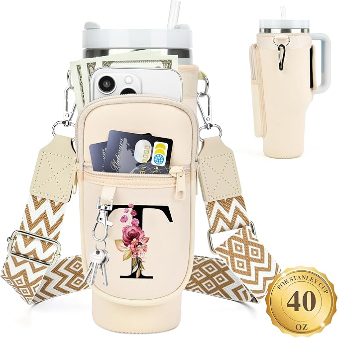 LOKASS Personalized Water Bottle Holder with Strap for Stanley Cup Accessories 40 oz Tumbler, Initial Water Bottle Carrier Bag/Phone Pocket, Mother's Day/Birthday Gifts for Women/Girls