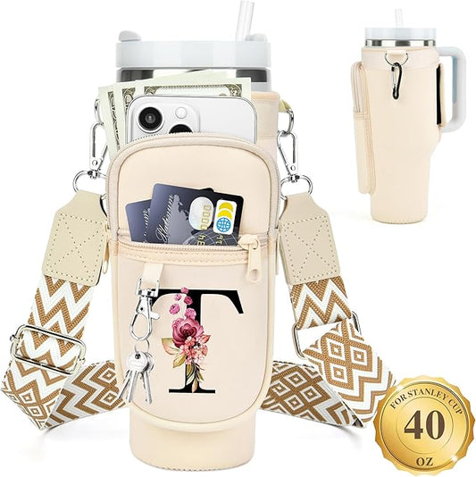 LOKASS Personalized Water Bottle Holder with Strap for Stanley Cup Accessories 40 oz Tumbler, Initial Water Bottle Carrier Bag/Phone Pocket, Mother's Day/Birthday Gifts for Women/Girls