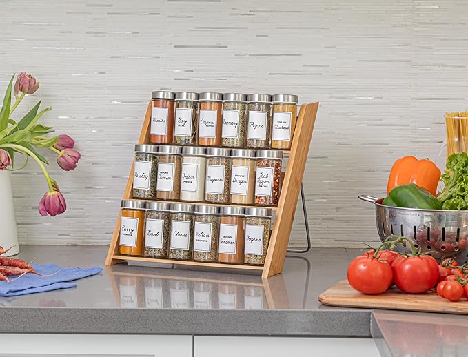 Orii 18 Jar Bamboo Compact Spice Organizer for Countertop and Kitchen Drawer, Filled with Spices, Program