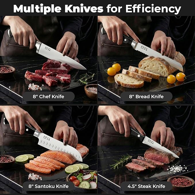 Kitchen Knife Set with Block, 15-Piece Stainless Steel Chef Knife Set, Kitchen Knives with Steak Knives, Honing Rod & Kitchen Scissors, Knife Block Set