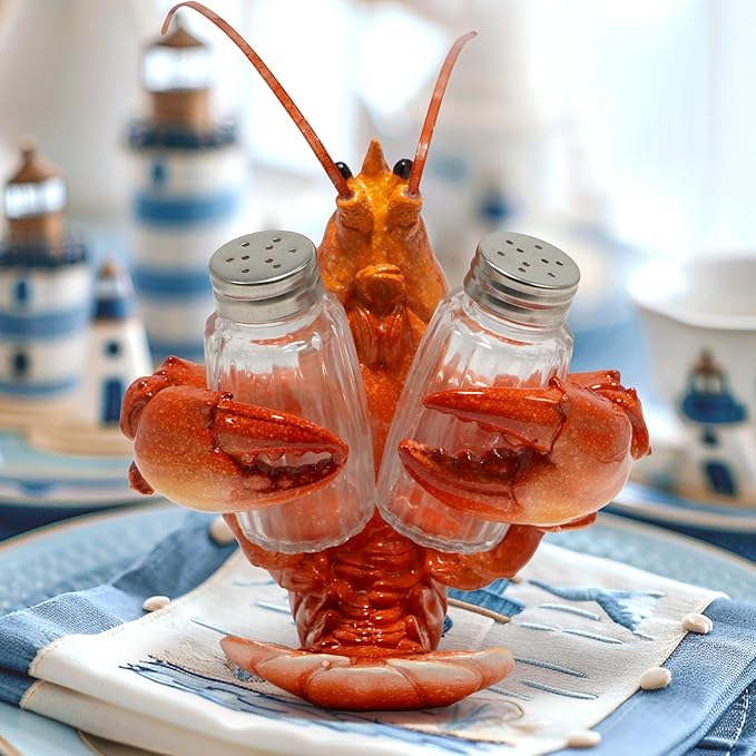 Hodao Lobster With Salt and Pepper Shaker Figurines Decoration Lobster Set with Holder Figurine for Beach Bar or Tropical Kitchen Decor Table Decor By Home Gifts For Mom (Orange)