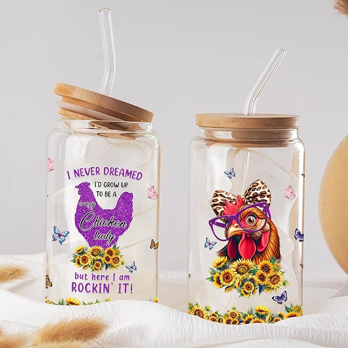 Chicken Gifts for Women 16 Oz Glass Cup with Lid and Straw Chickens Lady Coffee Mug Farm Animal Drinking Cups Mothers Day Birthday Christmas Gift Ideas for Farmer Mom Aunt Friends