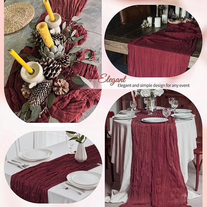 12 Pcs Burgundy Christmas Cheesecloth Table Runner 10Ft, Gauze Table Runners 21.5 x 120 inch,Semi Sheer Cheese Cloth Fabric Runner Bulk for Wedding,Party,Baby Shower,Bridal Shower