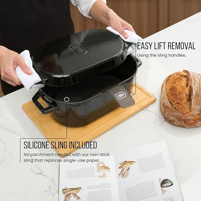 KooK Dutch Oven, For Sourdough Baking, Dual Handles, Enameled Cast Iron, includes Silicone Mat and Sourdough Guide, Dishwasher Safe, 5 Qt, (Black)