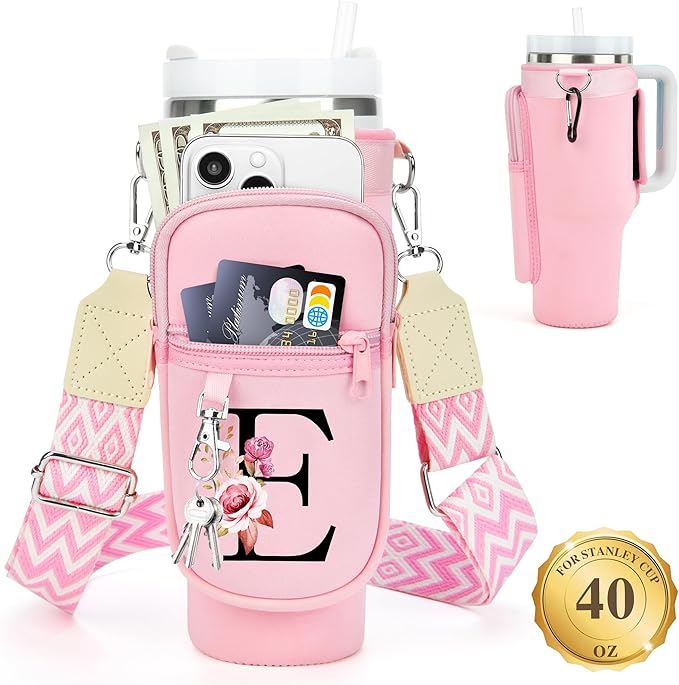 LOKASS Personalized Water Bottle Holder with Strap for Stanley Cup Accessories 40 oz Tumbler, Initial Water Bottle Carrier Bag/Phone Pocket, Mother's Day/Birthday Gifts for Women/Girls