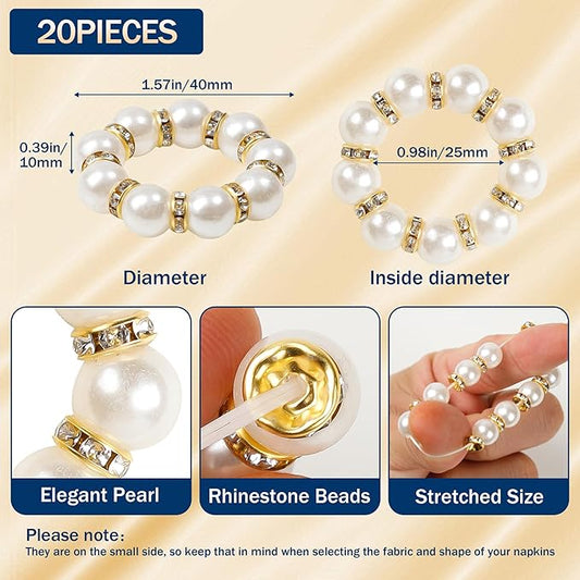 Gold Napkin Rings 20Pcs, Imitation Pearl Napkin Rings Napkin Holder, Elegant Rhinestone Gold Beaded Serviette Buckles for Weddings, Party Supplies & Fancy Table Decor (White and Gold, 20Pcs)
