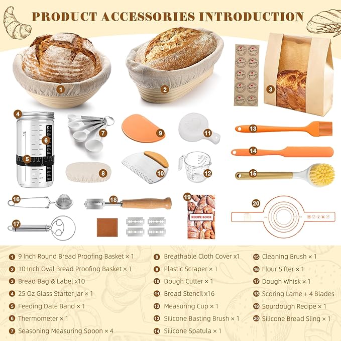 Sourdough Starter Kit, Bread Making Kit with Sourdough Starter Jar for Beginners, Banneton Bread Proofing Basket for Home and Kitchen, Sourdough Bread Baking Supplies, Bread Making Tools Kit