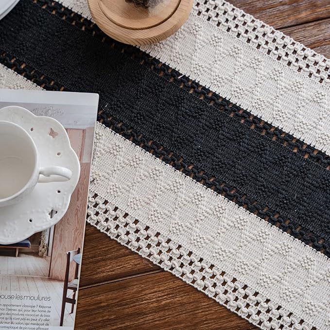 Alynsehom Macrame Table Runner Cream Beige and Black Boho Table Runners with Tassels Hand Woven Cotton Table Runner Rustic Farmhouse Table Runners for Bohemian Kitchen Dining Table(12x95in)