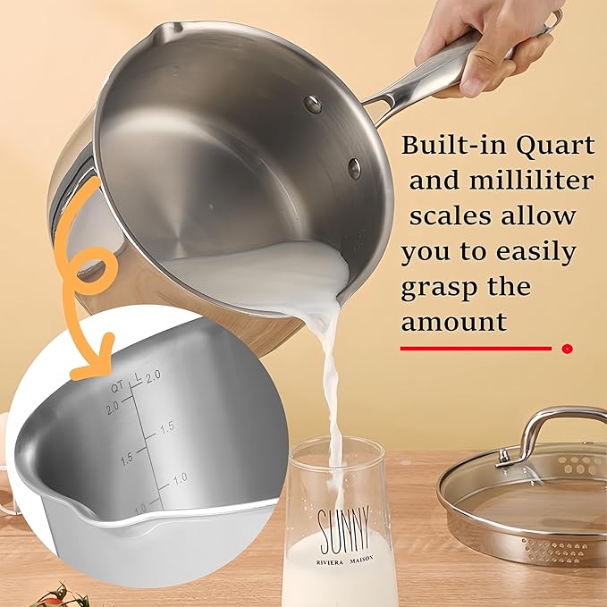 KANGXW 2.0 Quart Stainless Steel Saucepan,With Pour Spout and Filter Glass Lid Milk Pan, Sauce, Gravy, Pasta Stock Pot For All Stovetops