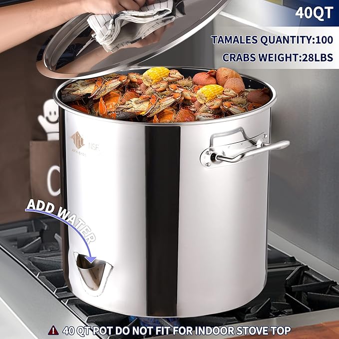 ARC 40QT Stainless Steel Tamale Steamer Pot with Easy-fill Water Spout, Seafood Crab Steamer with Divider and Rack, 10 Gallon