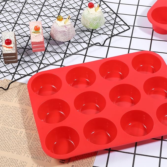 Oqqlin 3 Pcs Silicone Muffin Pan Set, Silicone Muffin Pans for Baking Red 24/12/6 Cups Mini/Regular/Jumbo Non-Stick Cupcake Pan for Kitchens, Restaurants, Bakeries