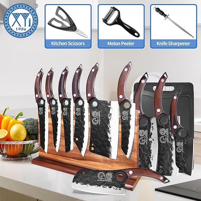 XYJ Authentic Since 1986,Knife Block Set,High Carbon Steel Forged Blades,Kitchen Knives Set with Wooden Magnetic Knife Block,Sharpening Steel,Cutting Board,Cleaver Slicing Knife,Wood Handle