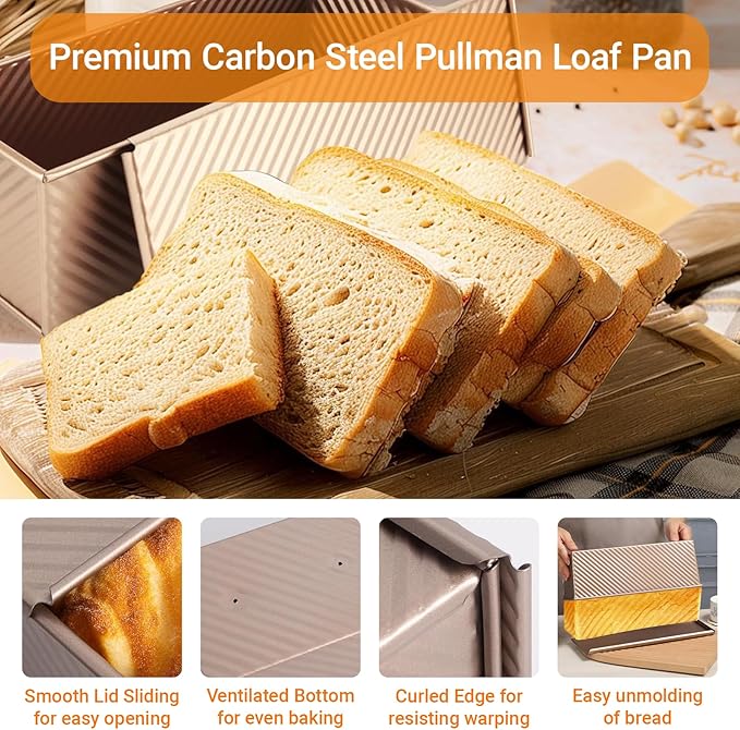 2 Ps Pullman Loaf Pan with Lid, 2.2lb Nonstick Carbon Steel Bread Pan for Sandwich & Sourdough, Rectangular Corrugated Toast for Oven Baking, Heavy Duty, Send Goods from Local Warehouse (Gold 13x4)