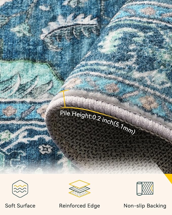 Area Rugs Square 10ft Washable Non-Slip, Floral Vintage Distress Print Pattern Medallion Carpet for Living Room Bedroom Dining Room, Teal Green Lake Blue Turquoise