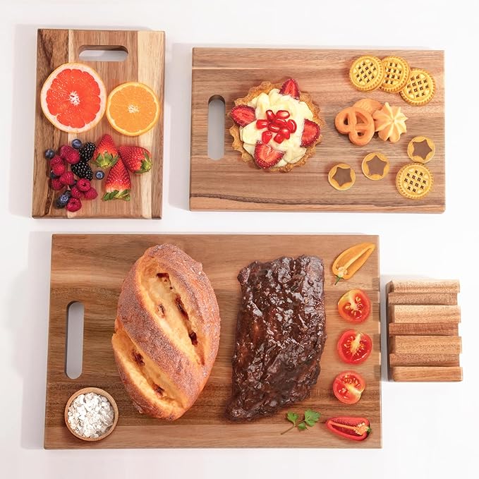 Acacia Cutting Board Set of 3 with Holder – Solid Acacia Wood Cutting and Serving Boards, Durable Chopping Boards for Meat, Vegetables and Fruits