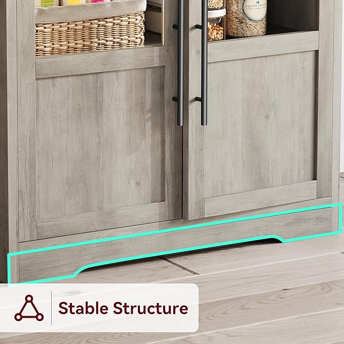 Garvee Farmhouse Bakers Rack with Glass Door, Microwave Stand with Power Outlets, Kitchen Hutch Pantry Cabinet, Kitchen Coffee Bar Cabinet for Spices, Dishes, and Pots, Gray