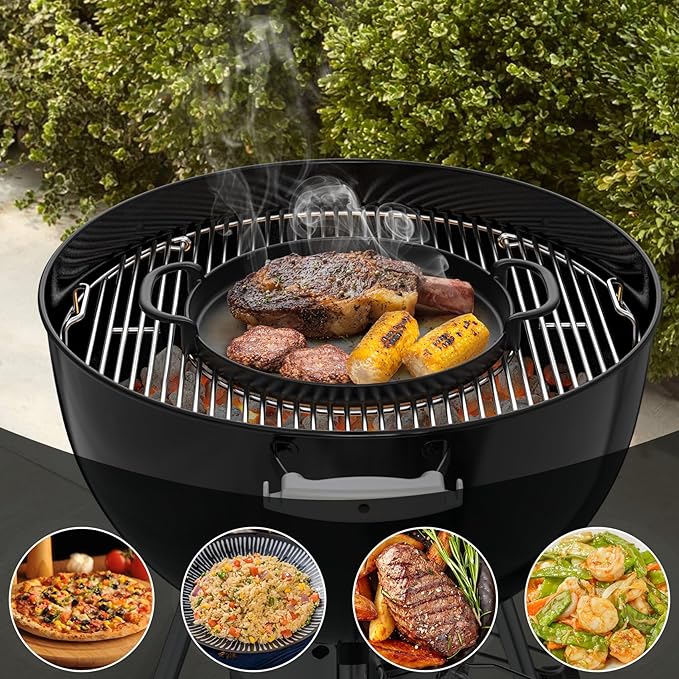 onlyfire Cast Iron Griddle with Handles for Weber Gourmet BBQ System, Fits for Weber 22" Charcoal Kettle Grills, Suitable Size Gas Grills, Range Ovens or Outdoor Cooking