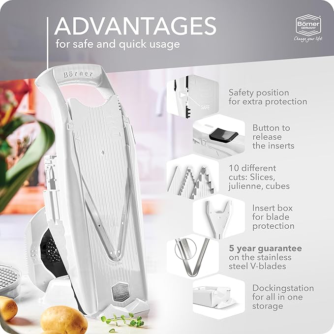Börner Mandoline Slicer V5 (Professional Set) • Adjustable Vegetable Slicer (7-piece) • 10 Cutting Styles • Kitchen Slicer incl. Docking Station • Stainless Steel V-Blade • Color: White
