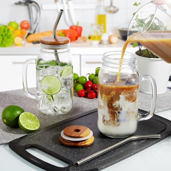 DRASTAR 24oz Iced Coffee Cups Set of 4, Mason Jar Cups, Glass Cups with Lids and Straws, Mason Jars with Handles, Mason Jar Drinking Glasses