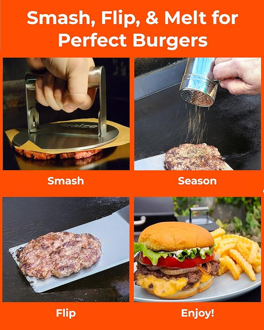 Smash Burger Press Kit – 6.5 Inch Stainless Steel Hamburger Smasher Tool – Heavy Duty Grill Press for Flat Top Griddles and Cast Iron Pans – Perfect for Crispy Smashed Burger Patty – Shaker Set