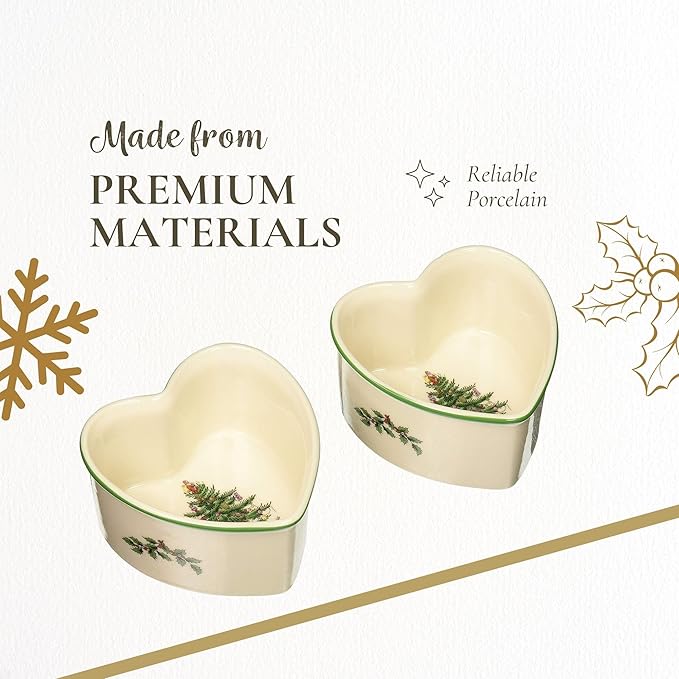Spode Christmas Tree 3.5" Heart Ramekins (Set of 2) - Oven Safe Porcelain Ramekin Dishes for Soufflé, Crème Brûlée, Custard - Microwave & Dishwasher Safe, Festive Dipping Cups, Holiday Baking Set