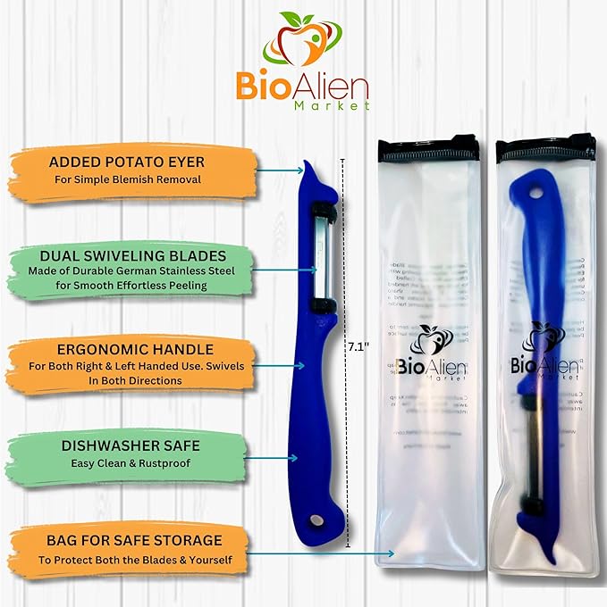 German Steel Double Blade Peeler, Effortless Precision, Ergonomic Handle, Bioalien Market Solingen Peeler DUO (Purple)