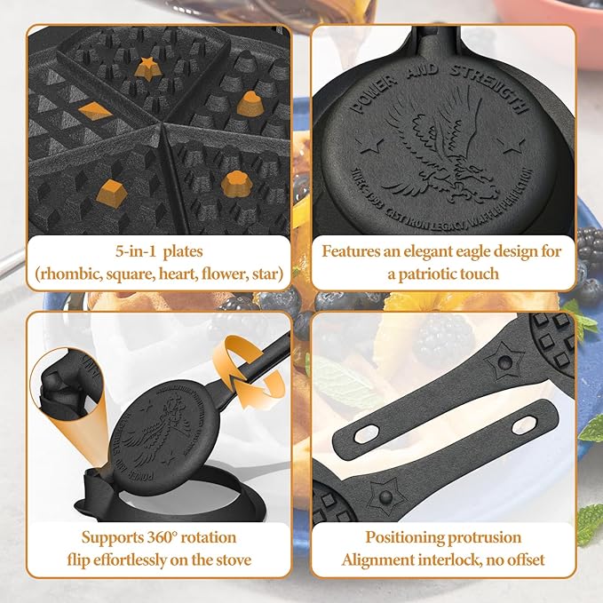 Cast Iron Waffle Maker Stove Top, American Waffle Maker Pre-Seasoned, Round waffle maker, PFOA free, 5-in-1 Shape Designs, Non-Coated Surface, Waffle iron for Camping Grill or Stove Top.
