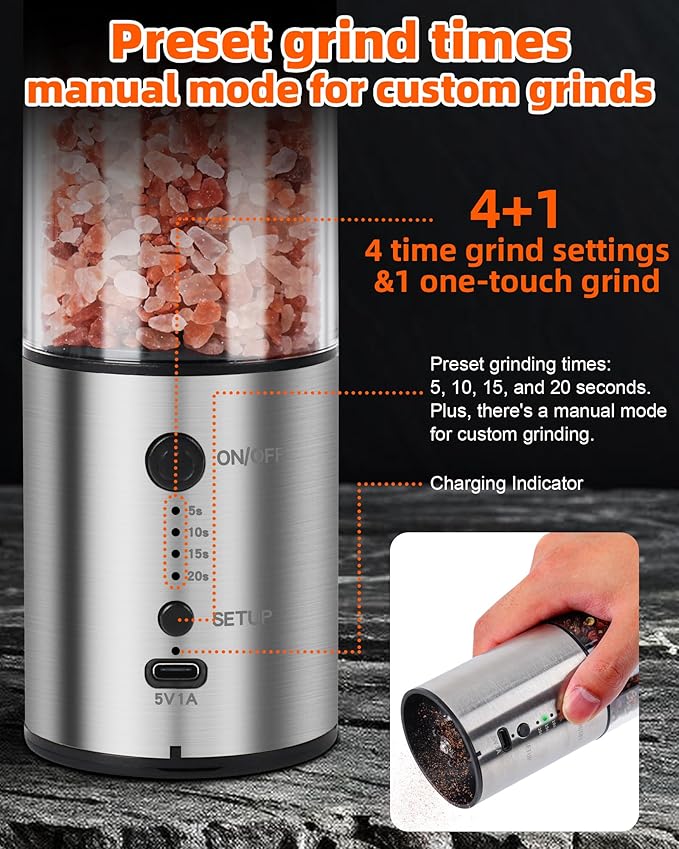 Electric Salt and Pepper Grinder Set, 2-Pack 480ML Capacity, USB-C Rechargeable 4-Timing Settings, Automatic Salt and Pepper Shakers, One-Handed Operation, Birthday Gifts for Women Mom