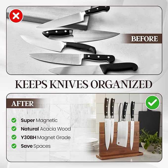 Magnetic Knife Block Double Sided, Magnetic Knife Holder for Kitchen Counter, Acacia Wood Knife Block Without Knives with Anti-Skid Base