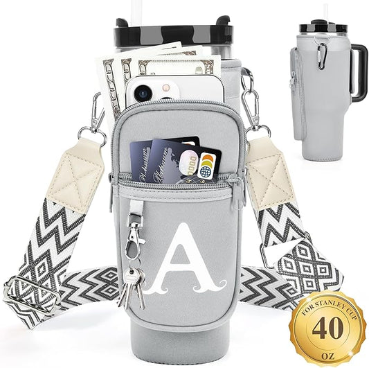 LOKASS Personalized Water Bottle Holder with Strap for Stanley Cup Accessories 40 oz Tumbler, Initial Water Bottle Carrier Bag/Phone Pocket, Mother's Day/Birthday Gifts for Women/Girls