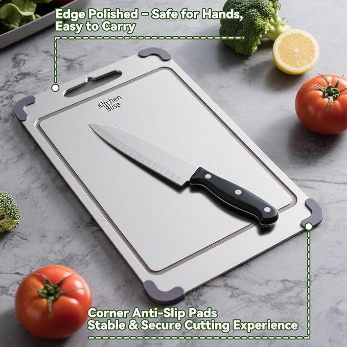 Stainless Steel Cutting Board, Double Sided Food Gradable Steel Cutting Boards for Kitchen with 2 Cleaning Scrapers, Metal Cutting Board with Grooves for Fruits (Large)