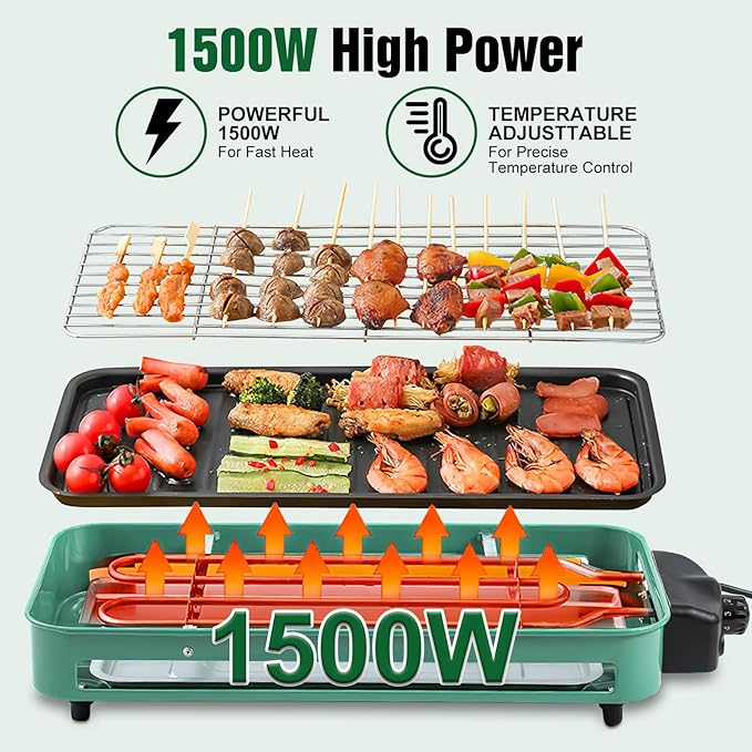 1500W Electric Indoor Grill, 2 in 1 Korean BBQ Grill for Kitchen, with Grill Net Removable Plate 3 Small Trays, 5 Temperature Control, Dishwasher Safe