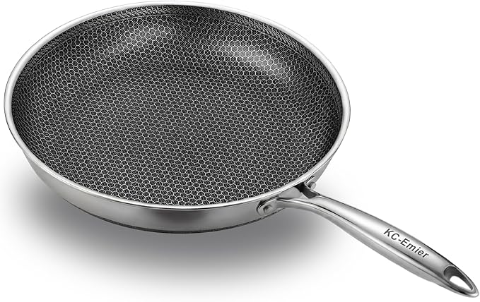KC-Emier 11 Inch Non-Stick Frying Pan Tri-Ply Stainless Steel Pan with Stay-Cool Handle Oven & Dishwasher Safe For Induction, Ceramic & Gas Stovetops